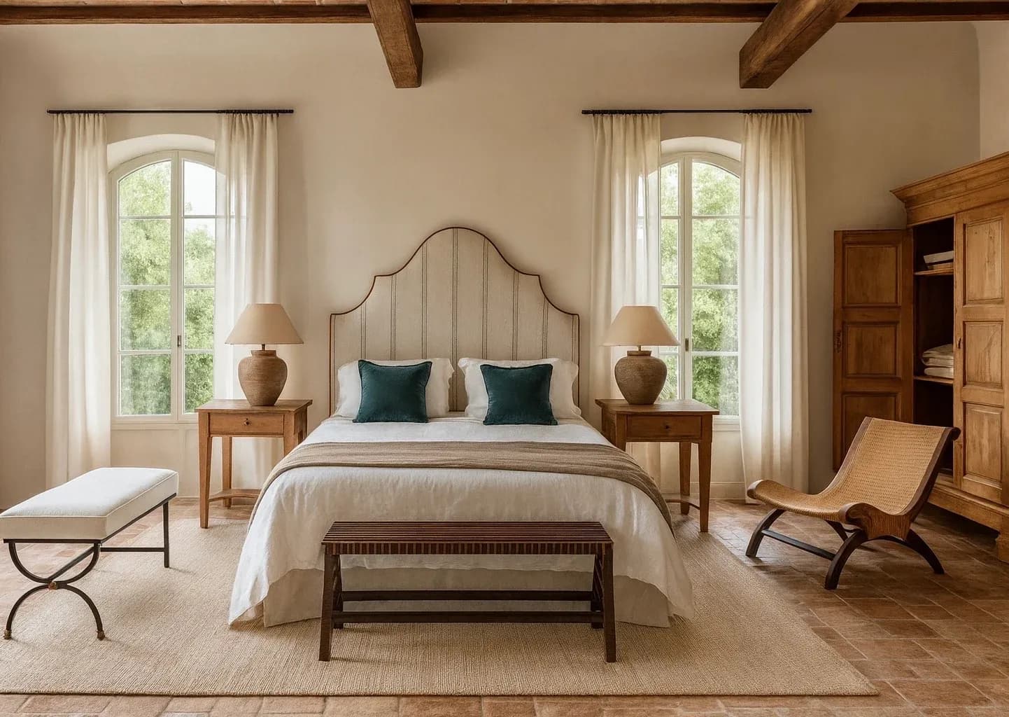 Dormitorio con cabecero curvo, lino natural y madera, diseñado por Alicia Agosti